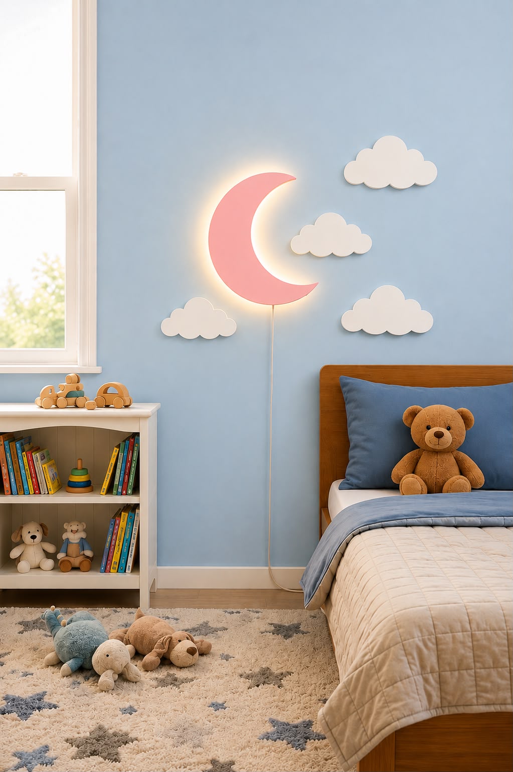 Handcrafted Wooden Moon Lamp – Cozy Warm LED Night Light for Kids