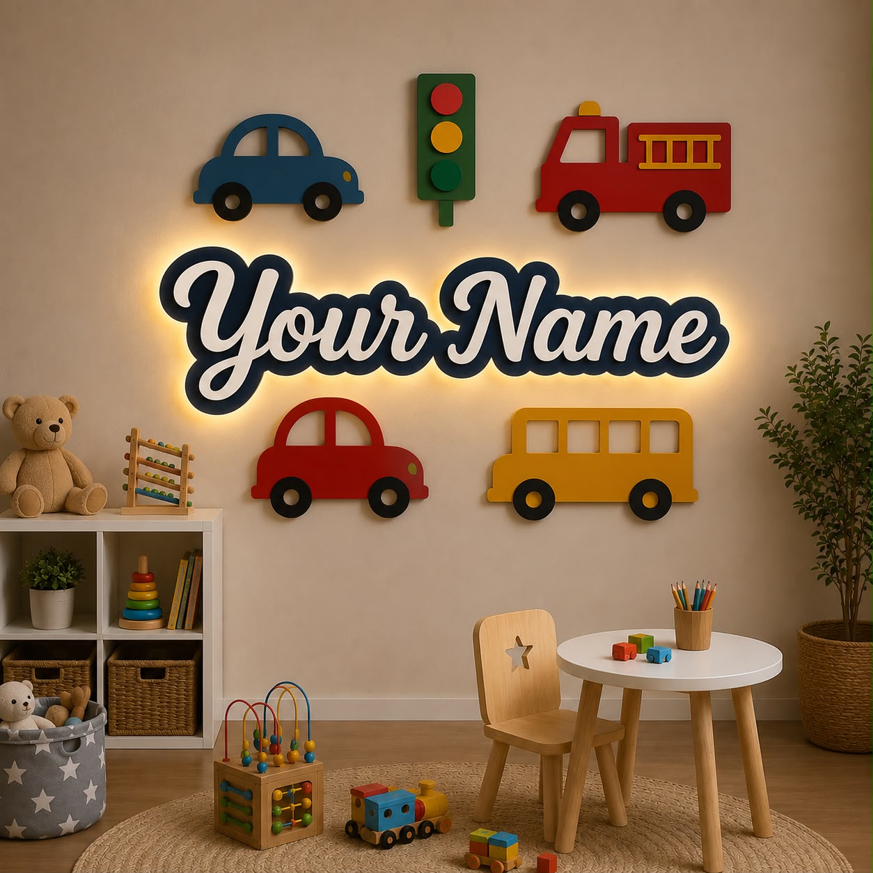 Personalized Traffic Theme LED Name Lamp – Cars & Vehicles Wall Decor