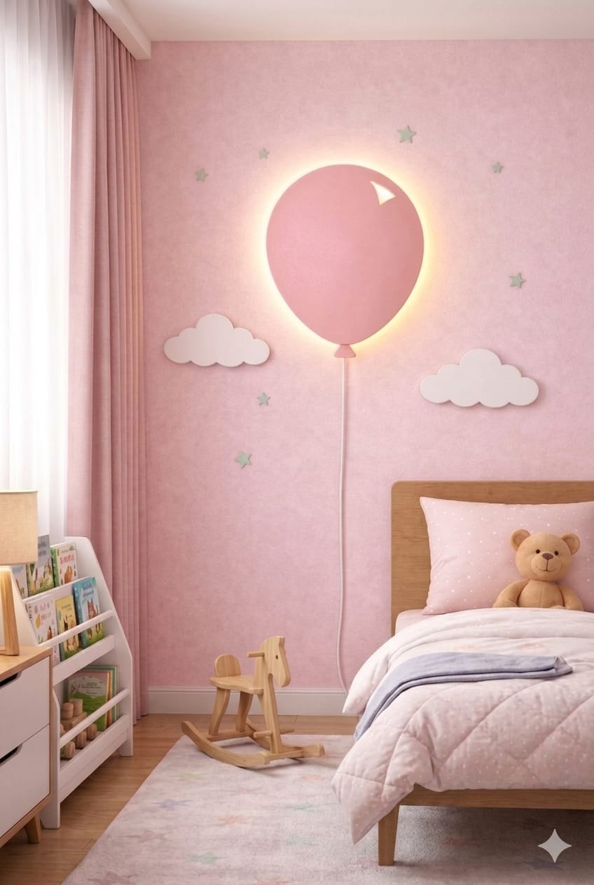 Handcrafted Wooden Balloon Wall Lamp – Warm LED Night Light for Kids Room