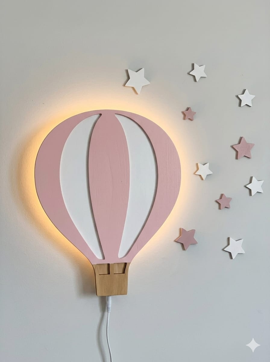 Modern Hot Air Balloon LED Wall Lamp – Wooden Kids Room Night Light with Soft Warm Glow & Star Decor