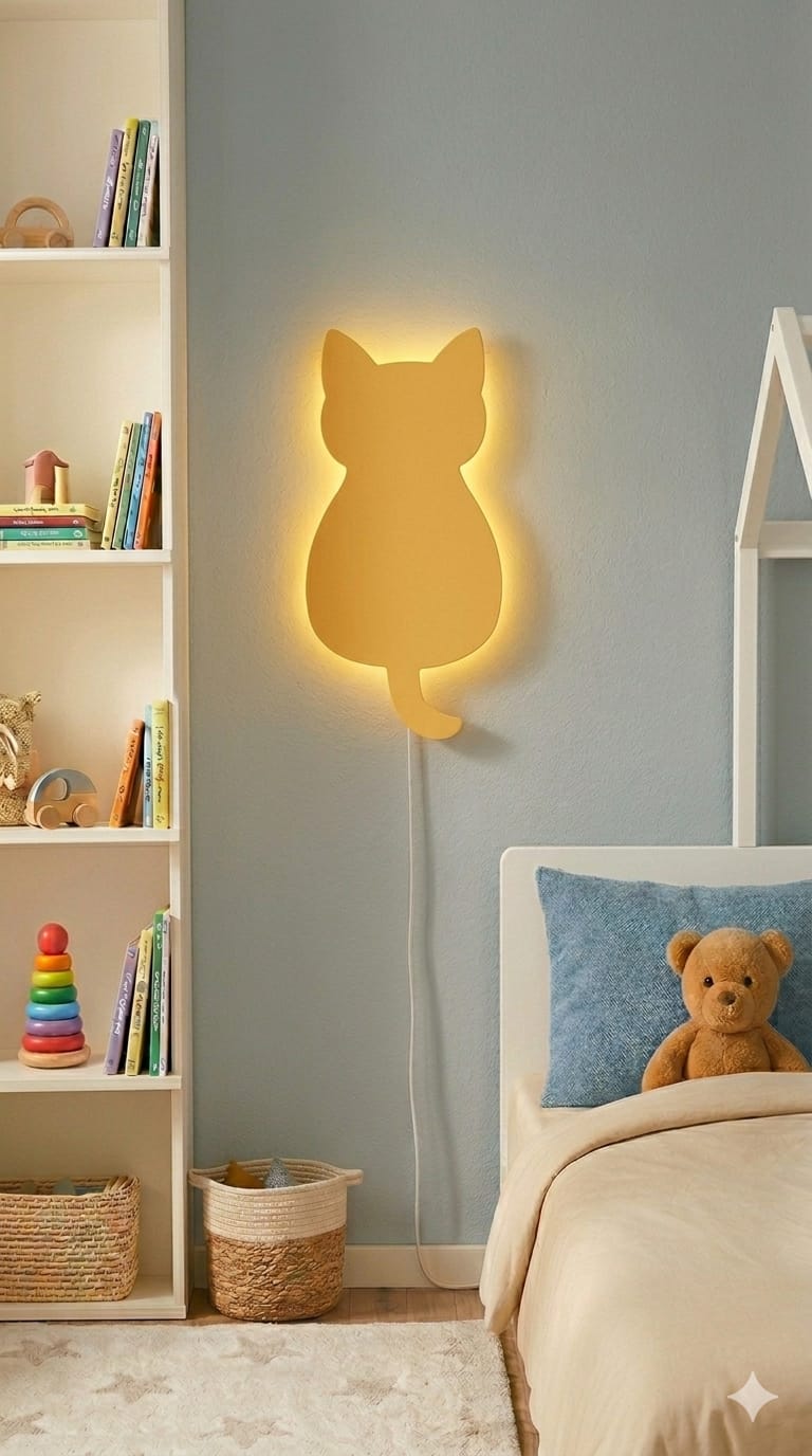 HandCrafted Cat LED Night Lamp for Kids Room – Cute Natural Wood  Cat Light