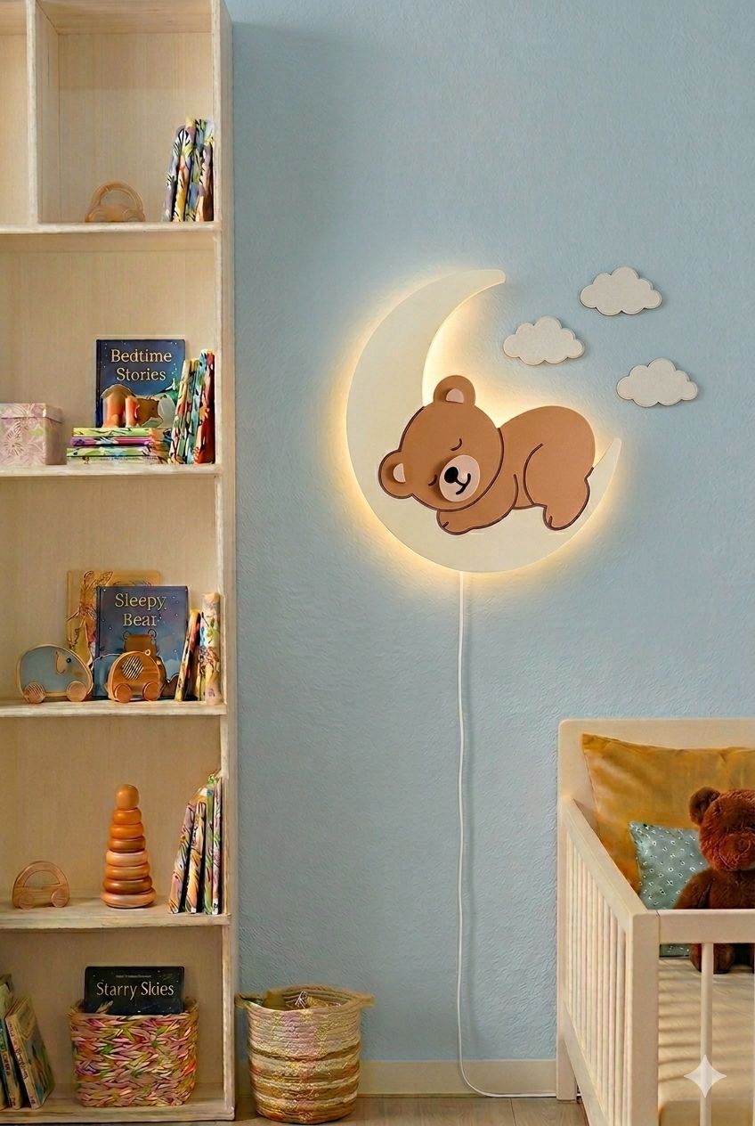 HandCrafted Sleepy Teddy LED Night Lamp for Kids Room – Cute Wooden LED Light lamp
