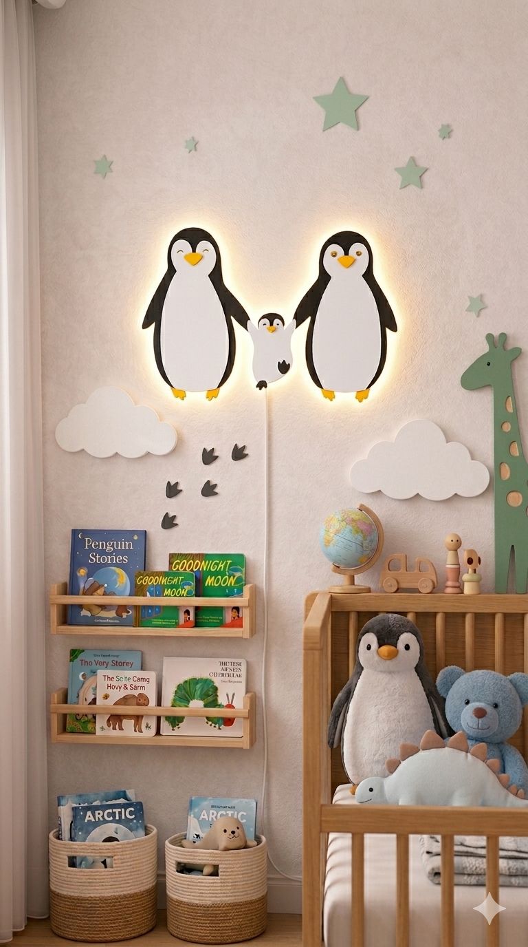 HandCrafted Penguin family LED Night Lamp for Kids Room – Cute Wood Penguin Light lamp