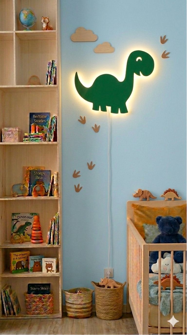HandCrafted Dinosaur LED Night Lamp for Kids Room – Cute Natural Wood Dino Light