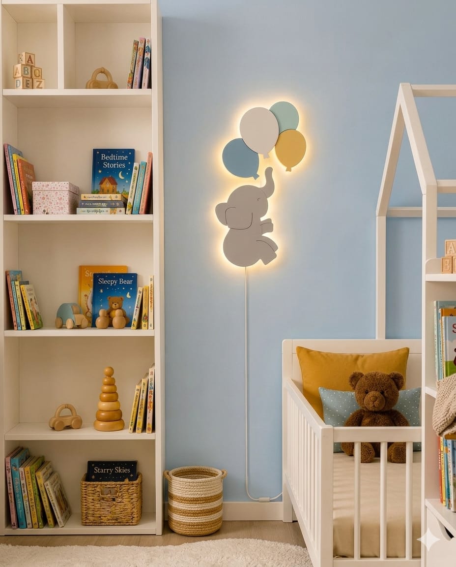 HandCrafted Elephant+Balloons LED Night Lamp for Kids Room – Cute Wooden LED Light Lamp