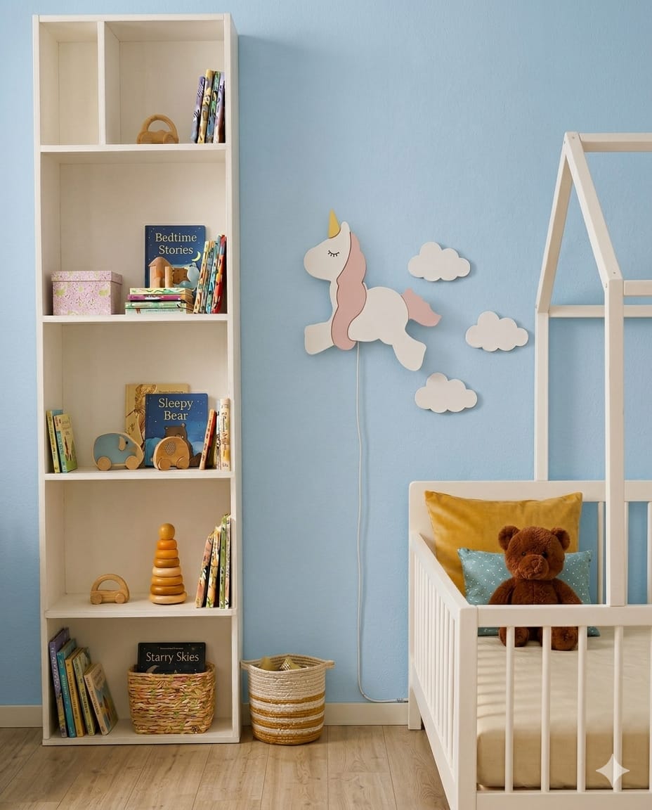 Handcrafted Unicorn-Shaped Wooden Wall Lamp – Warm LED Lamp for Kids’ Room