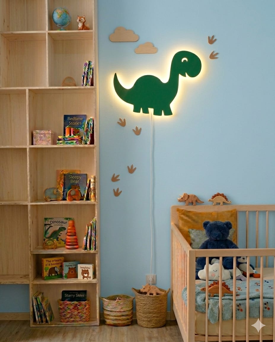 HandCrafted Dinosaur LED Night Lamp for Kids Room – Cute Natural Wood Dino Light
