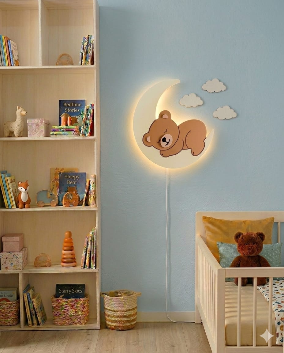 HandCrafted Sleepy Teddy LED Night Lamp for Kids Room – Cute Wooden LED Light lamp