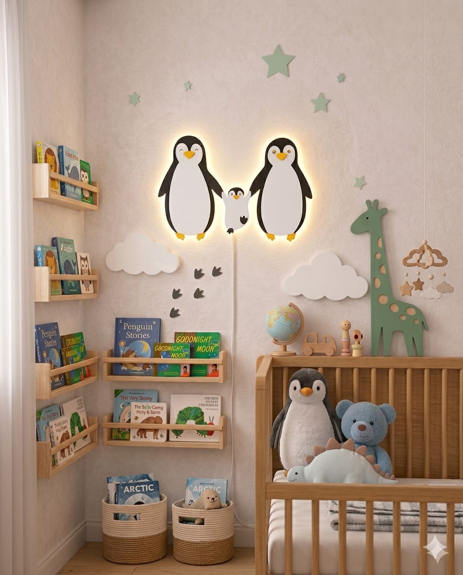 HandCrafted Penguin family LED Night Lamp for Kids Room – Cute Wood Penguin Light lamp