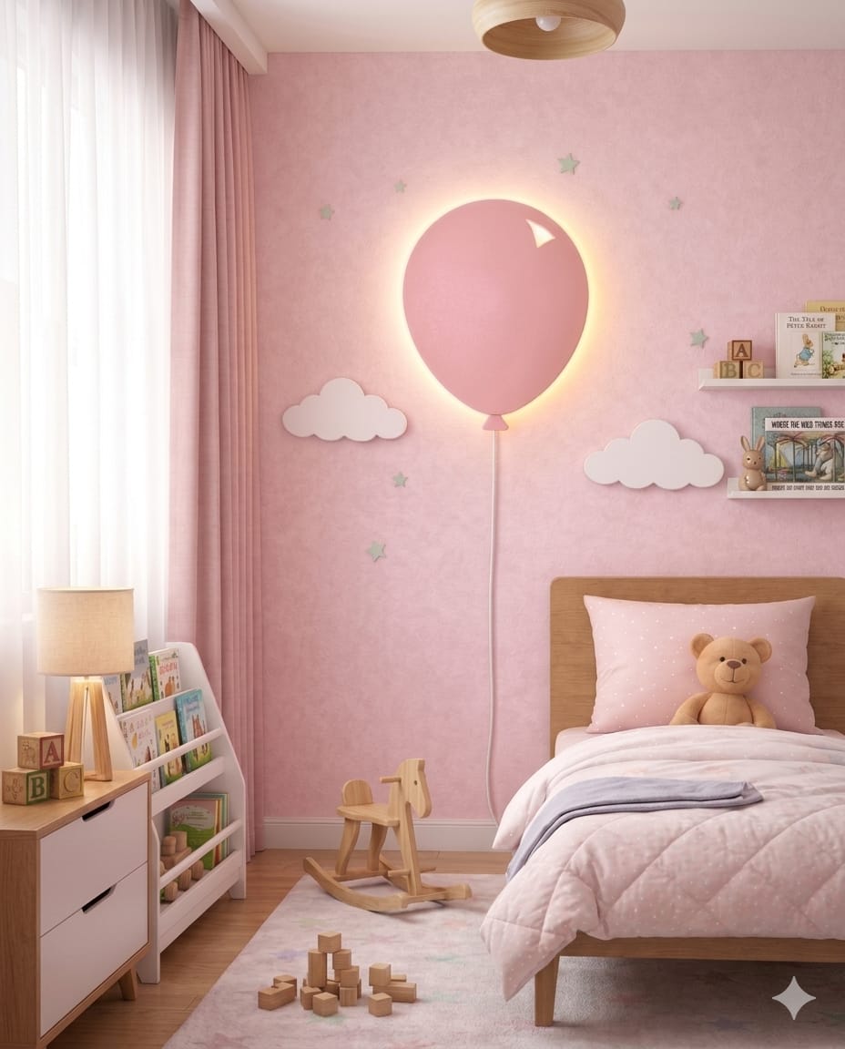 Handcrafted Wooden Balloon Wall Lamp – Warm LED Night Light for Kids Room