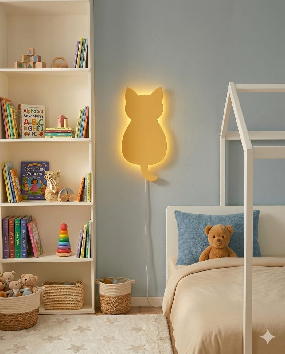 HandCrafted Cat LED Night Lamp for Kids Room – Cute Natural Wood  Cat Light