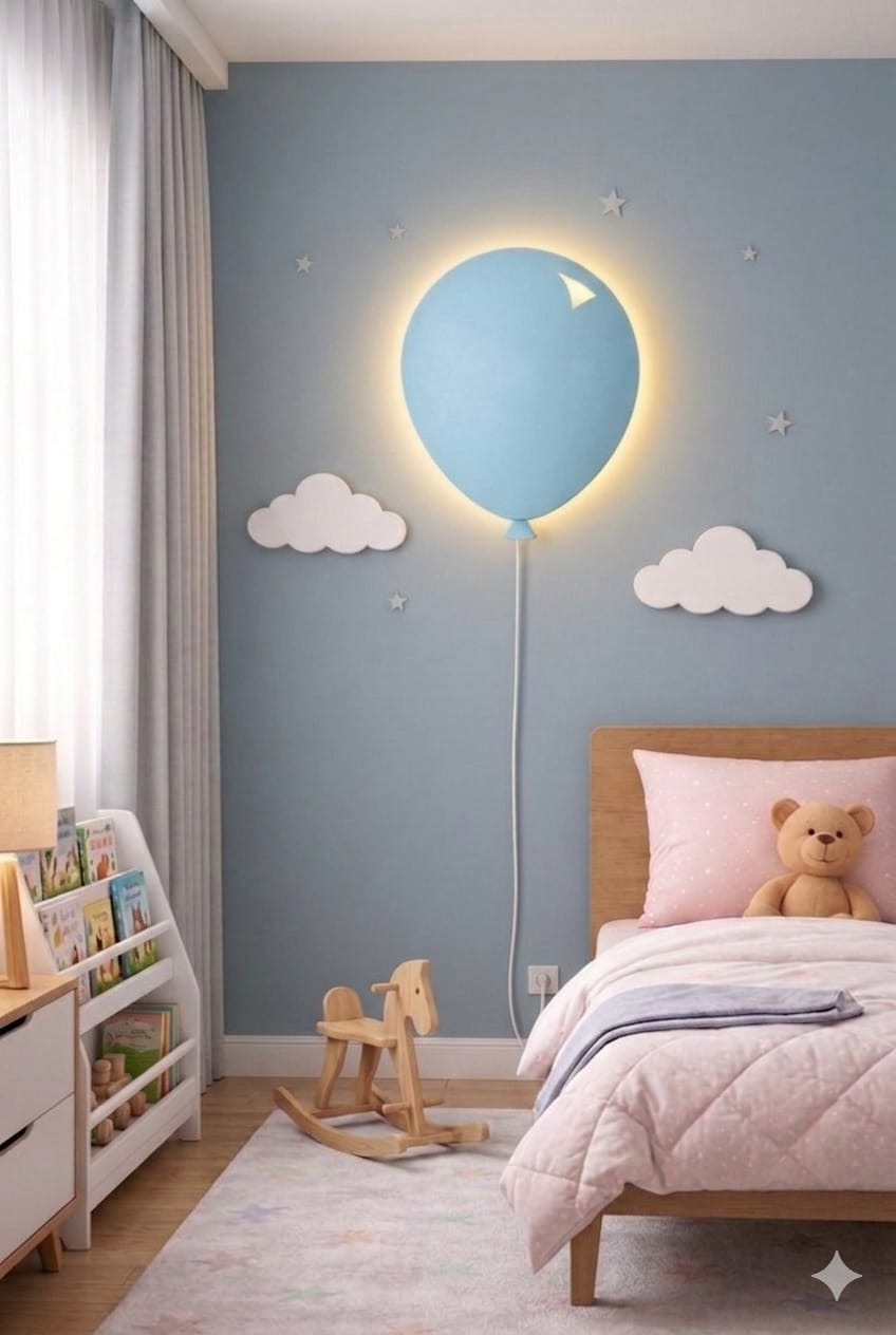 Handcrafted Wooden Balloon Wall Lamp – Warm LED Night Light for Kids Room