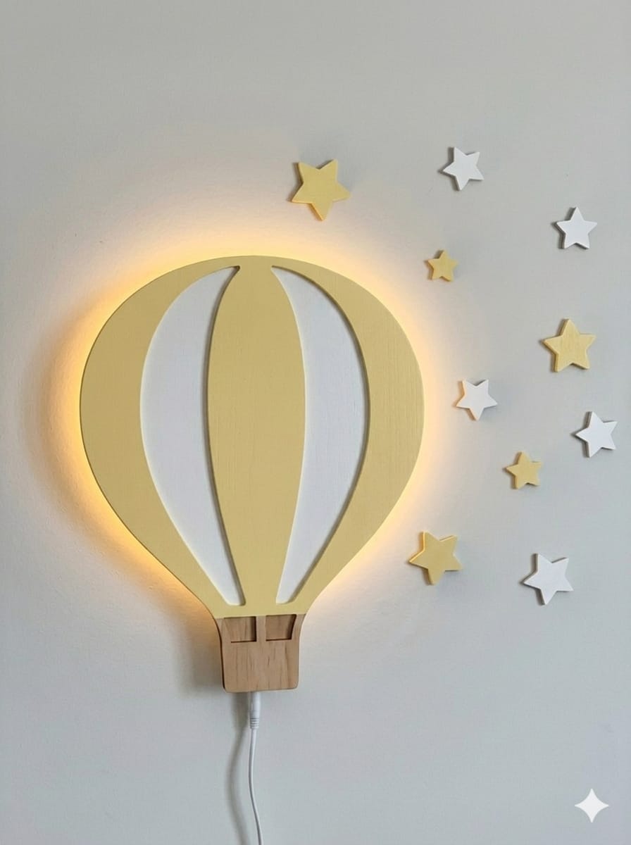 Modern Hot Air Balloon LED Wall Lamp – Wooden Kids Room Night Light with Soft Warm Glow & Star Decor