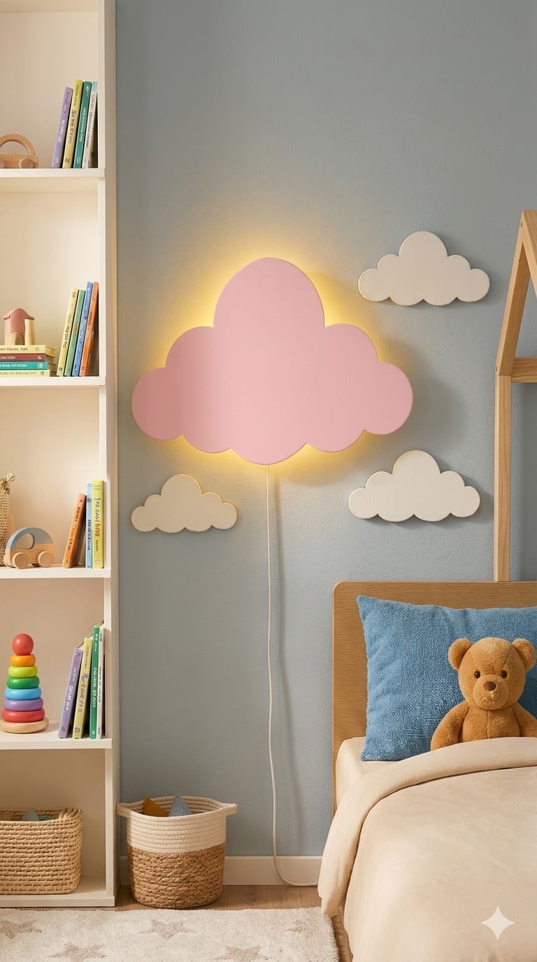 Handcrafted Cloud-Shaped Wooden Wall Lamp – Warm LED for Kids’ Room