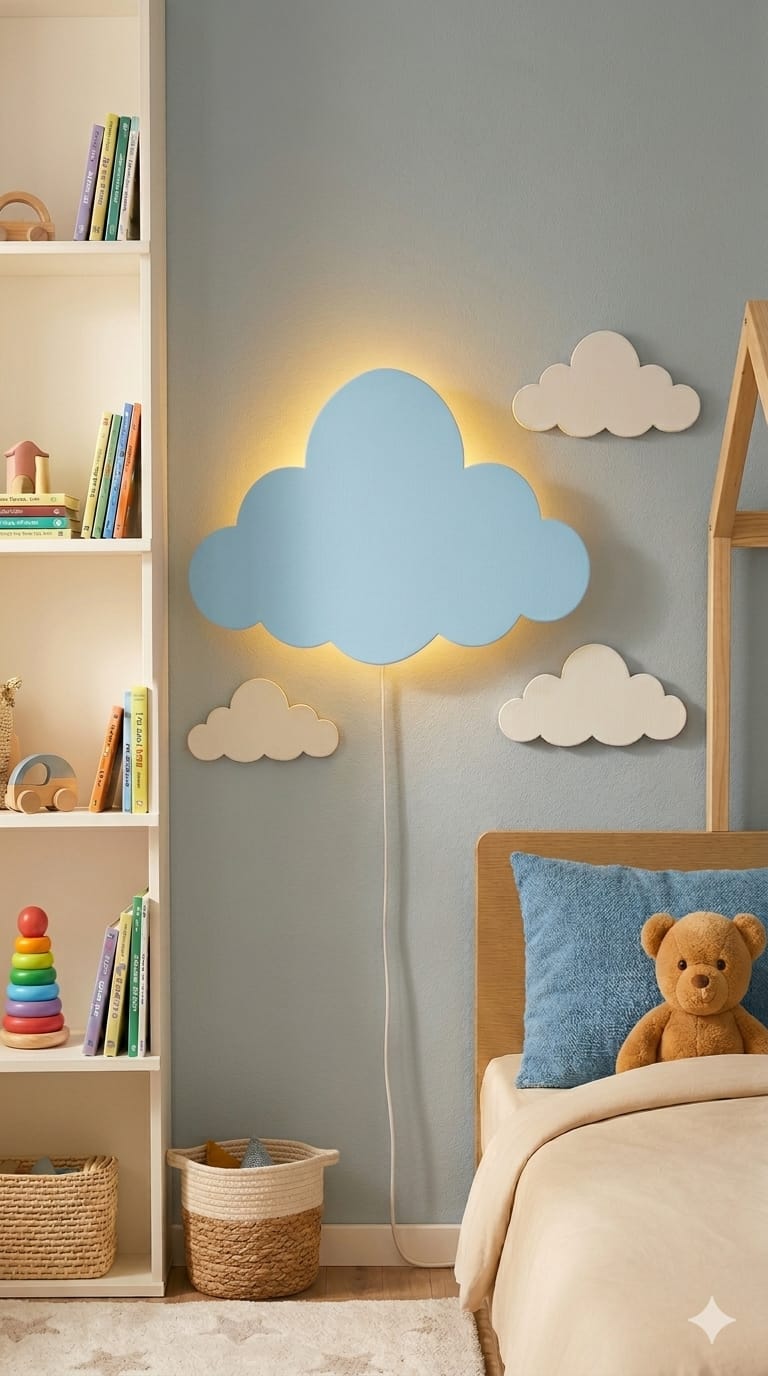 Handcrafted Cloud-Shaped Wooden Wall Lamp – Warm LED for Kids’ Room