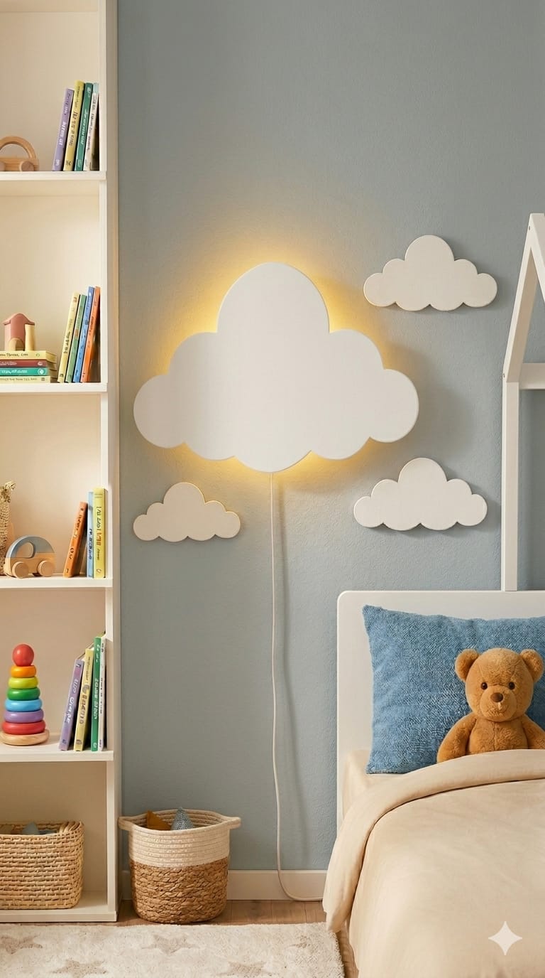 Handcrafted Cloud-Shaped Wooden Wall Lamp – Warm LED for Kids’ Room