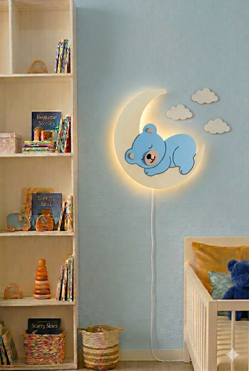 HandCrafted Sleepy Teddy LED Night Lamp for Kids Room – Cute Wooden LED Light lamp