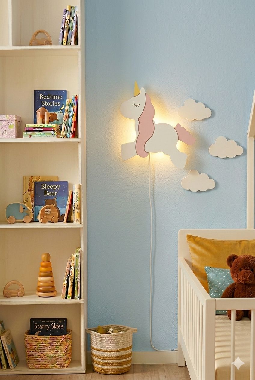Handcrafted Unicorn-Shaped Wooden Wall Lamp – Warm LED Lamp for Kids’ Room