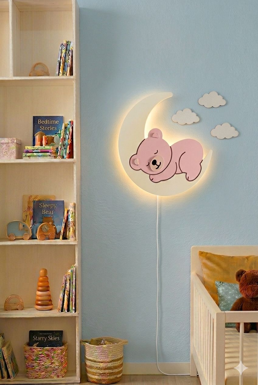 HandCrafted Sleepy Teddy LED Night Lamp for Kids Room – Cute Wooden LED Light lamp