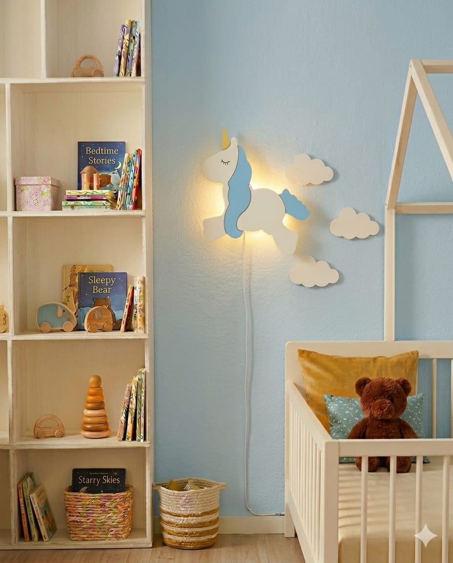 Handcrafted Unicorn-Shaped Wooden Wall Lamp – Warm LED Lamp for Kids’ Room