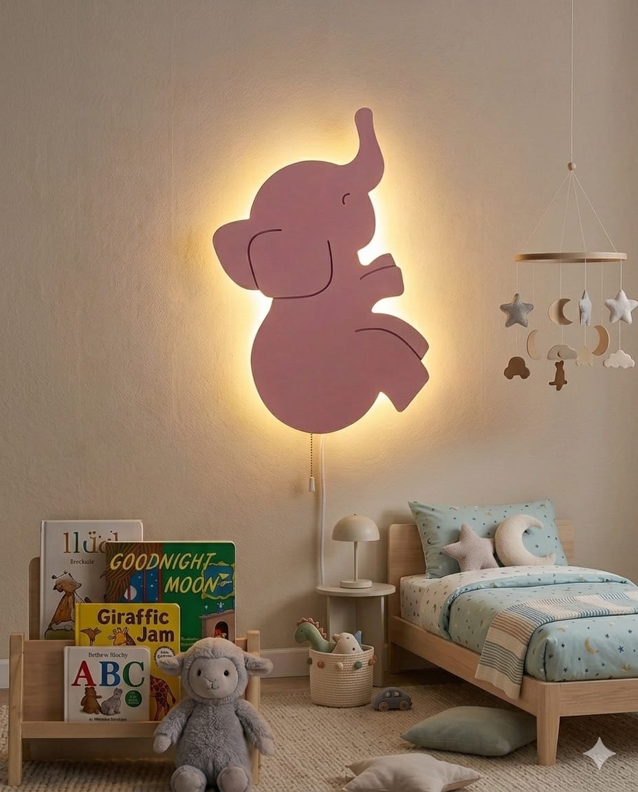 HandCrafted Elephant LED Night Lamp for Kids Room – Cute Wooden LED Light Lamp