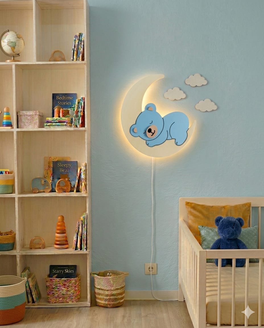 HandCrafted Sleepy Teddy LED Night Lamp for Kids Room – Cute Wooden LED Light lamp