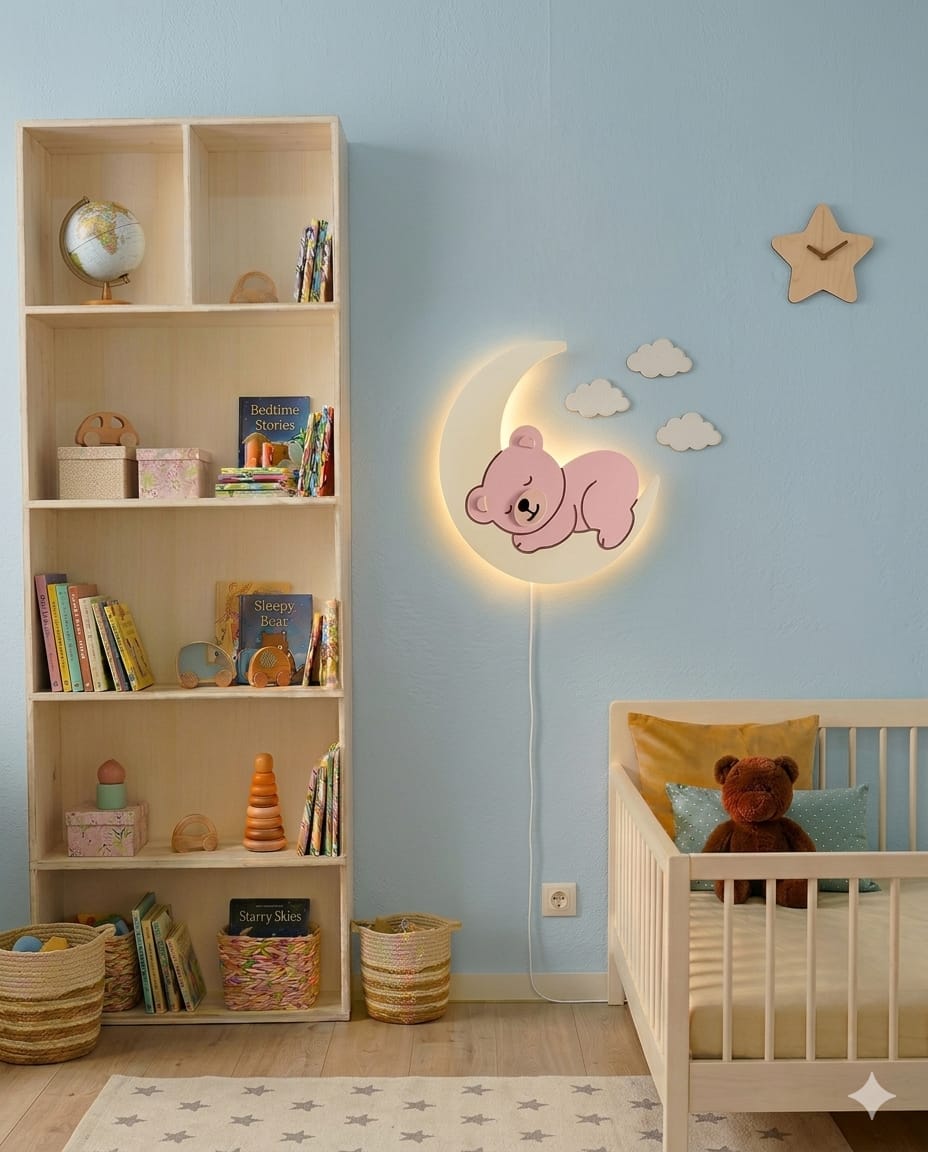 HandCrafted Sleepy Teddy LED Night Lamp for Kids Room – Cute Wooden LED Light lamp