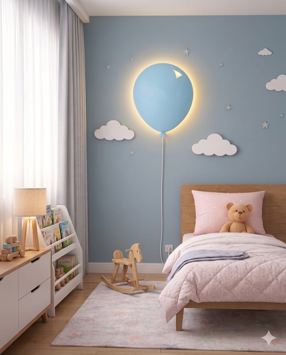 Handcrafted Wooden Balloon Wall Lamp – Warm LED Night Light for Kids Room