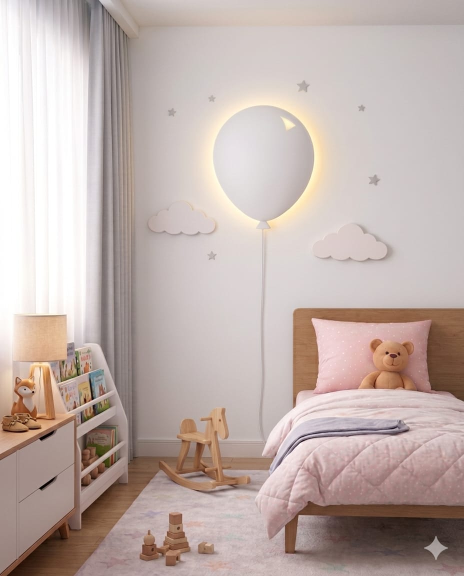 Handcrafted Wooden Balloon Wall Lamp – Warm LED Night Light for Kids Room