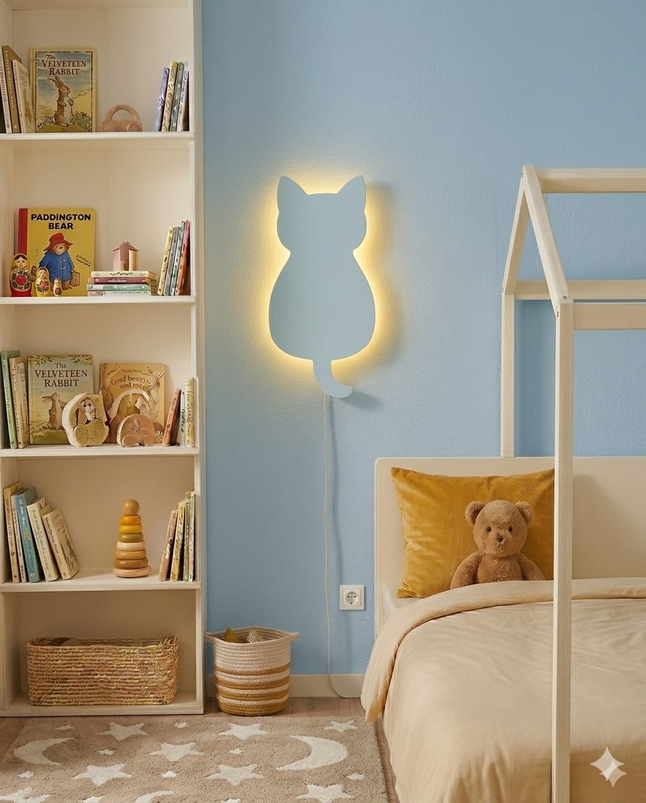 HandCrafted Cat LED Night Lamp for Kids Room – Cute Natural Wood  Cat Light