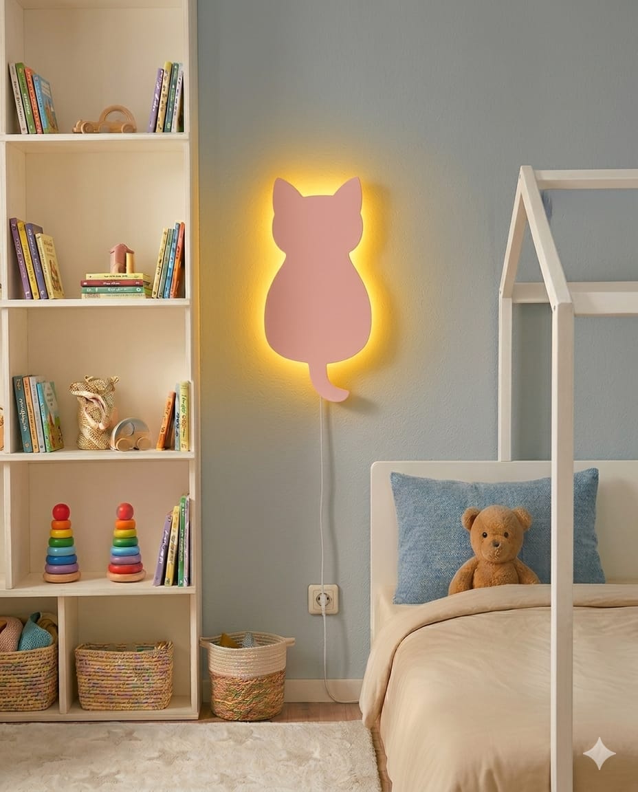 HandCrafted Cat LED Night Lamp for Kids Room – Cute Natural Wood  Cat Light