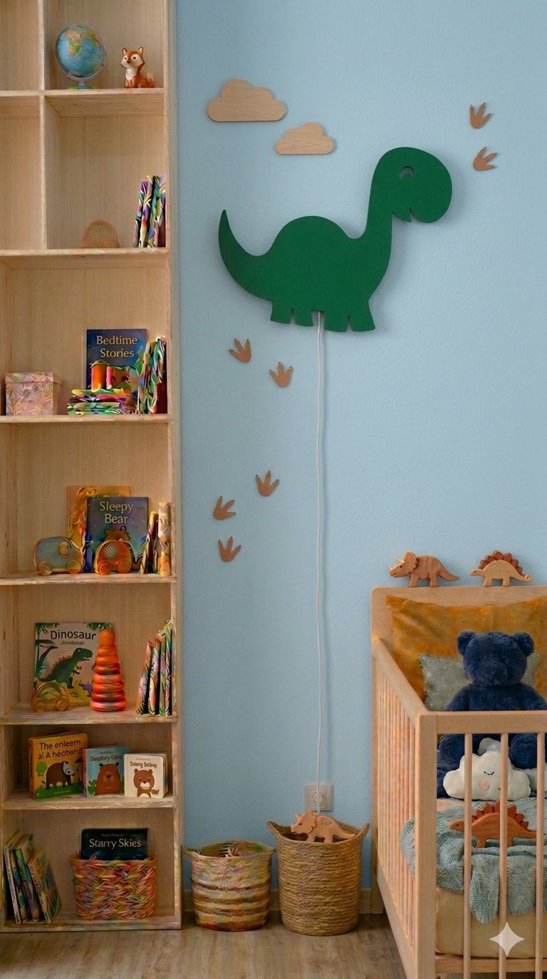 HandCrafted Dinosaur LED Night Lamp for Kids Room – Cute Natural Wood Dino Light