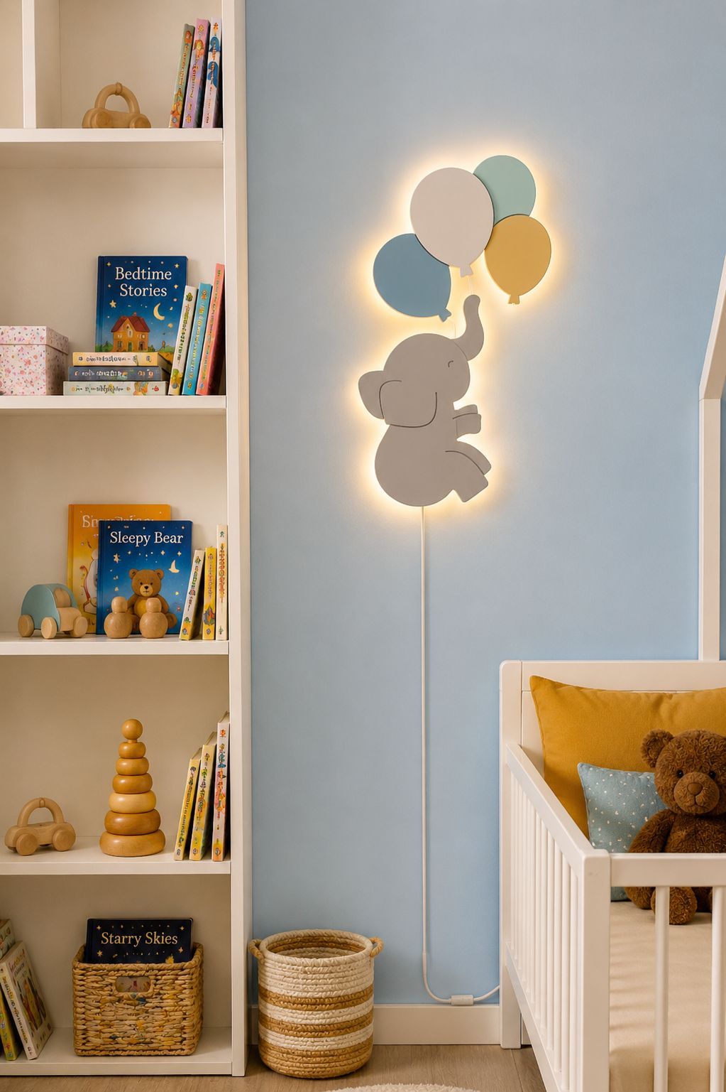 HandCrafted Elephant+Balloons LED Night Lamp for Kids Room – Cute Wooden LED Light Lamp