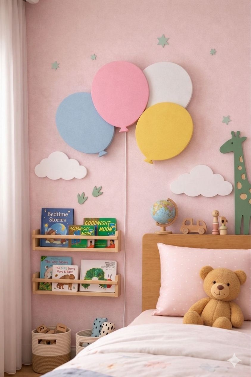 HandCrafted Wooden Balloon Wall Lamp-Warm LED Kids Room Night Light