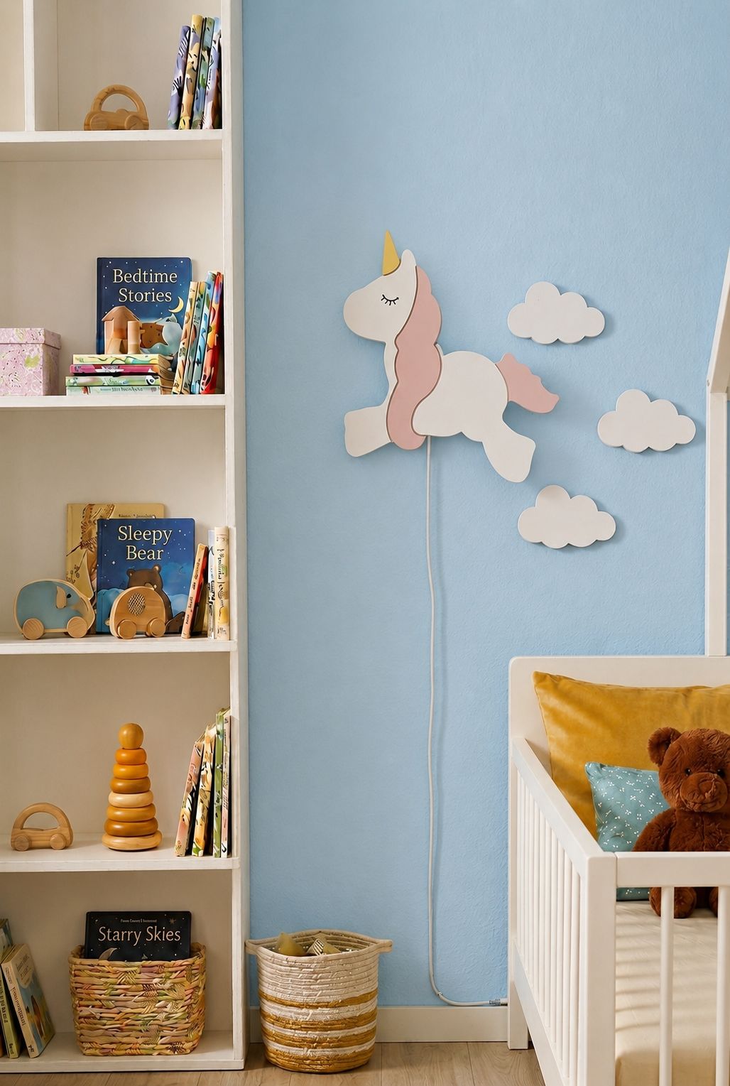 Handcrafted Unicorn-Shaped Wooden Wall Lamp – Warm LED Lamp for Kids’ Room