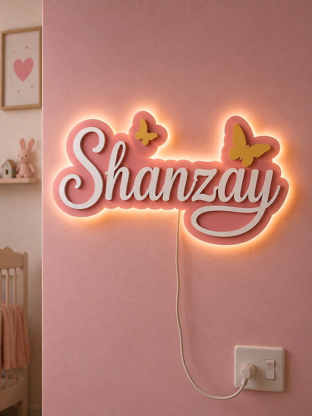 Personalized LED Name Sign for Kids Room – Custom Acrylic Name Wall Decor with Butterfly Design