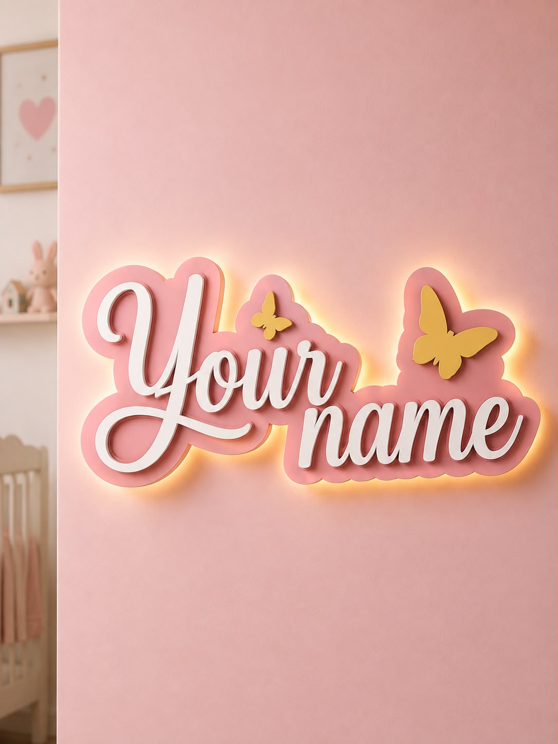 Personalized LED Name Sign for Kids Room – Custom Acrylic Name Wall Decor with Butterfly Design