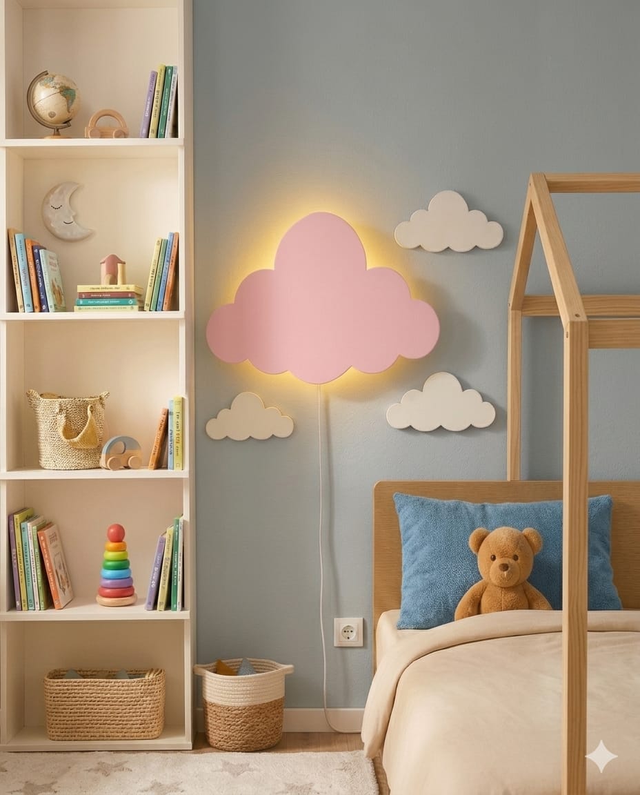 Handcrafted Cloud-Shaped Wooden Wall Lamp – Warm LED for Kids’ Room