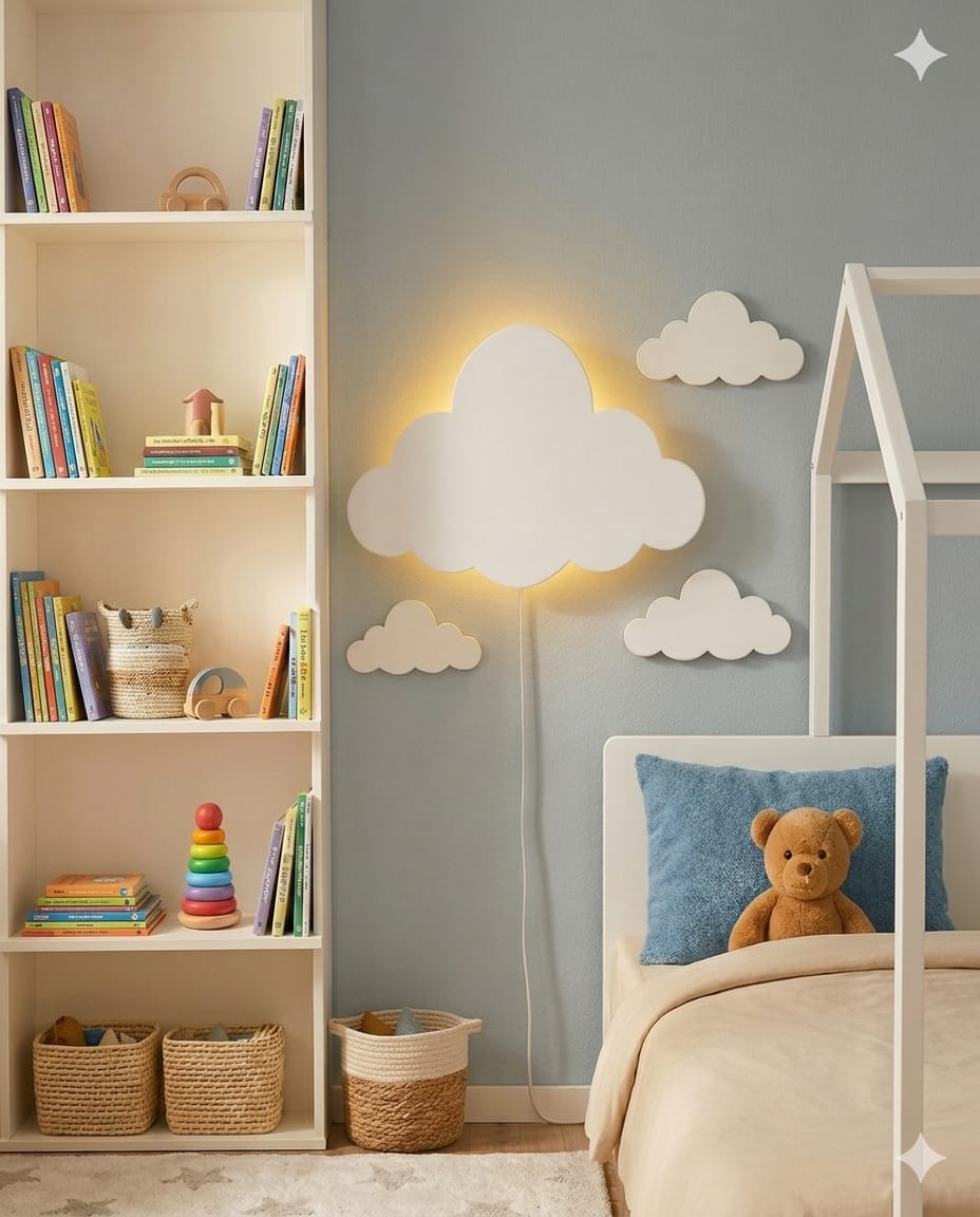 Handcrafted Cloud-Shaped Wooden Wall Lamp – Warm LED for Kids’ Room