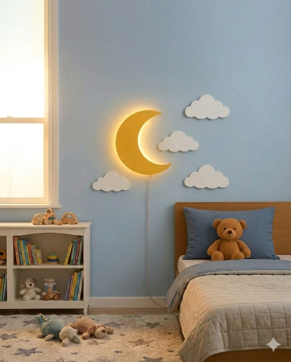 Handcrafted Wooden Moon Lamp – Cozy Warm LED Night Light for Kids