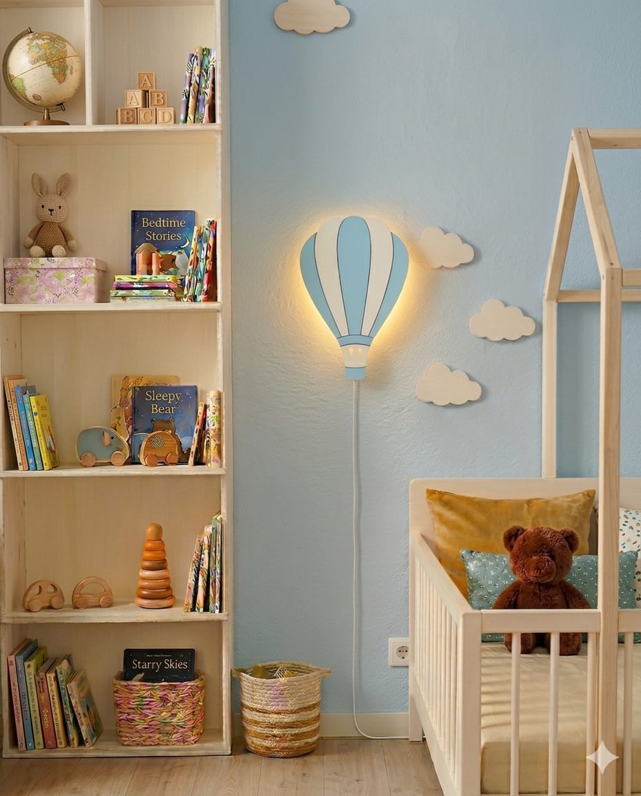 Modern Hot Air Balloon LED Wall Lamp – Wooden Kids Room Night Light with Soft Warm Glow & Star Decor