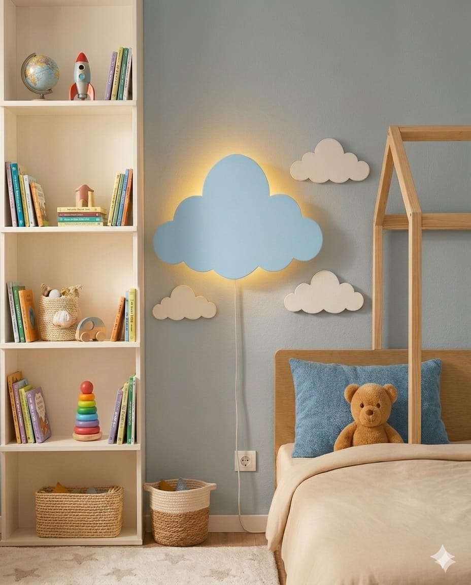 Handcrafted Cloud-Shaped Wooden Wall Lamp – Warm LED for Kids’ Room
