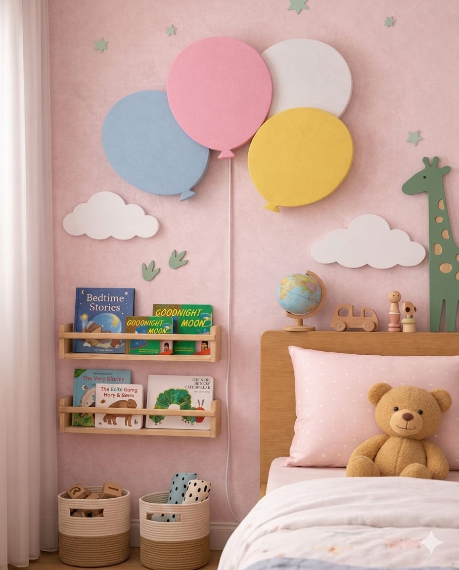 HandCrafted Wooden Balloon Wall Lamp-Warm LED Kids Room Night Light