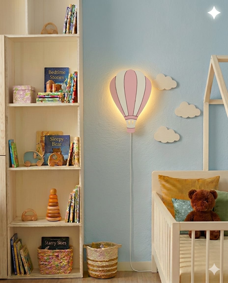 Modern Hot Air Balloon LED Wall Lamp – Wooden Kids Room Night Light with Soft Warm Glow & Star Decor