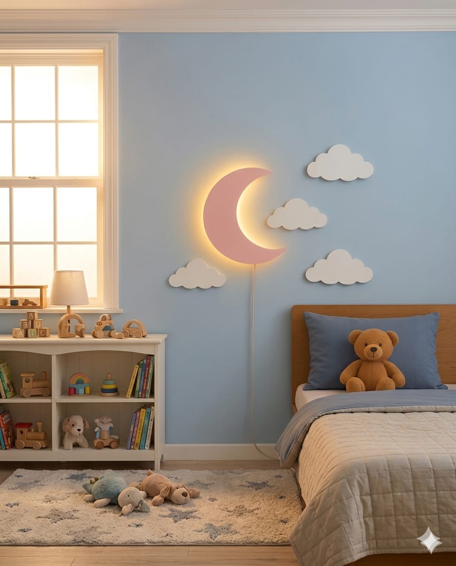 Handcrafted Wooden Moon Lamp – Cozy Warm LED Night Light for Kids