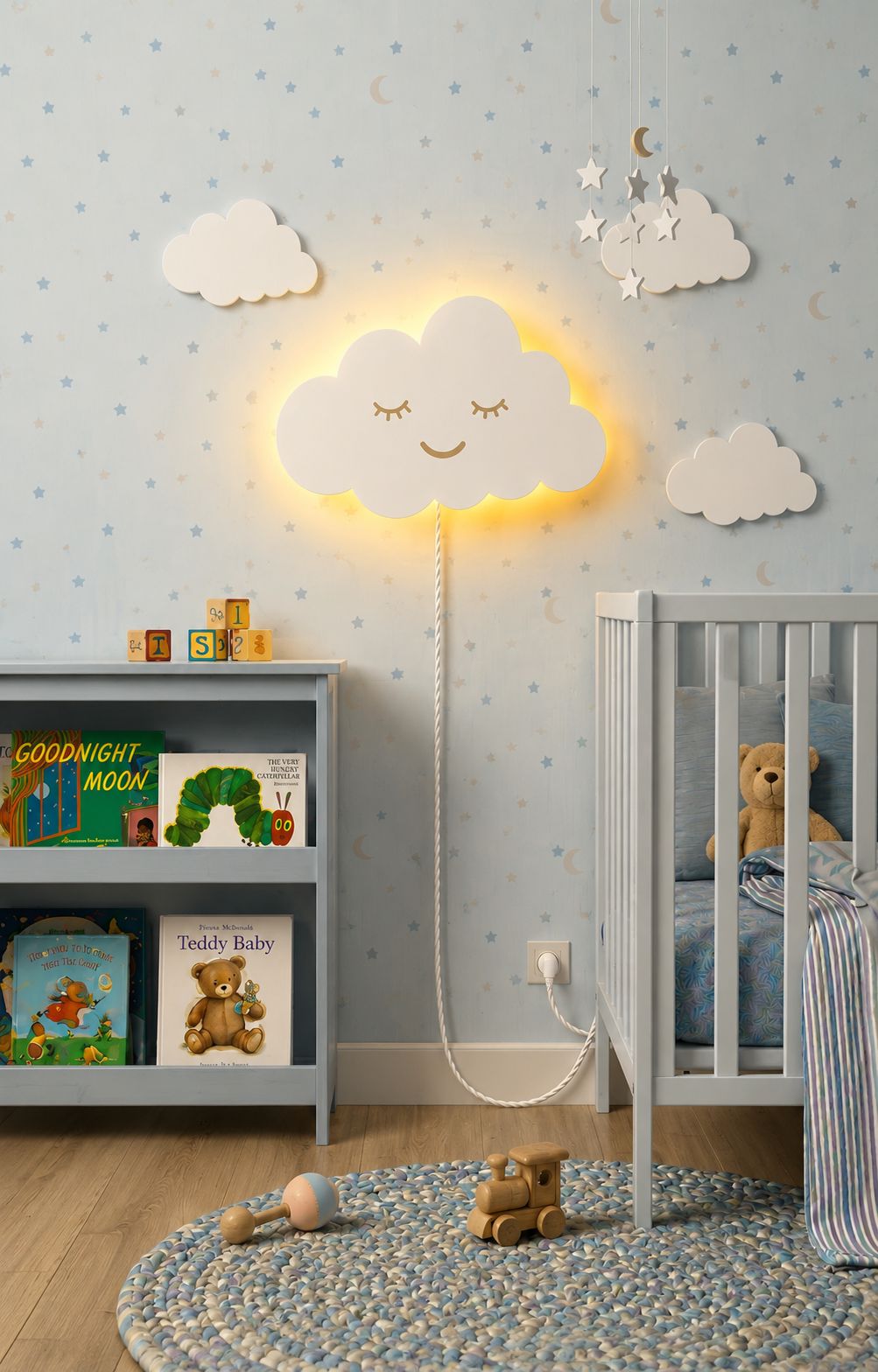 Handcrafted Smiling Cloud-Shaped Wooden Wall Lamp – Warm LED for Kids’ Room
