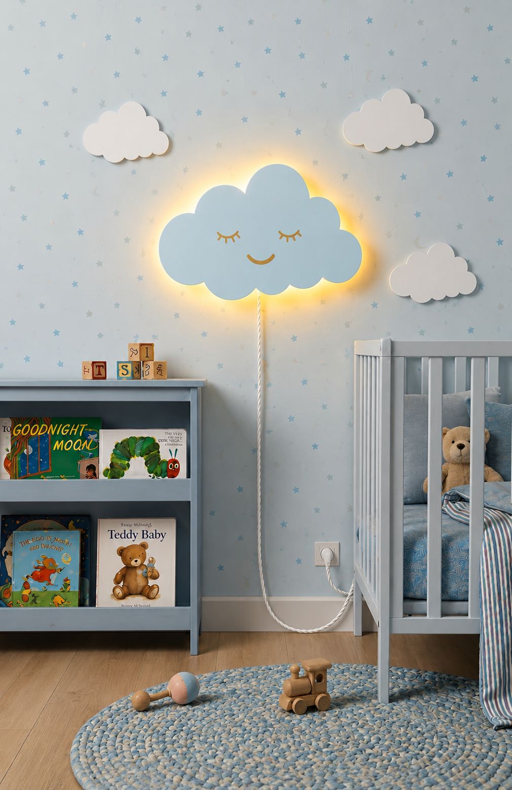 Handcrafted Smiling Cloud-Shaped Wooden Wall Lamp – Warm LED for Kids’ Room