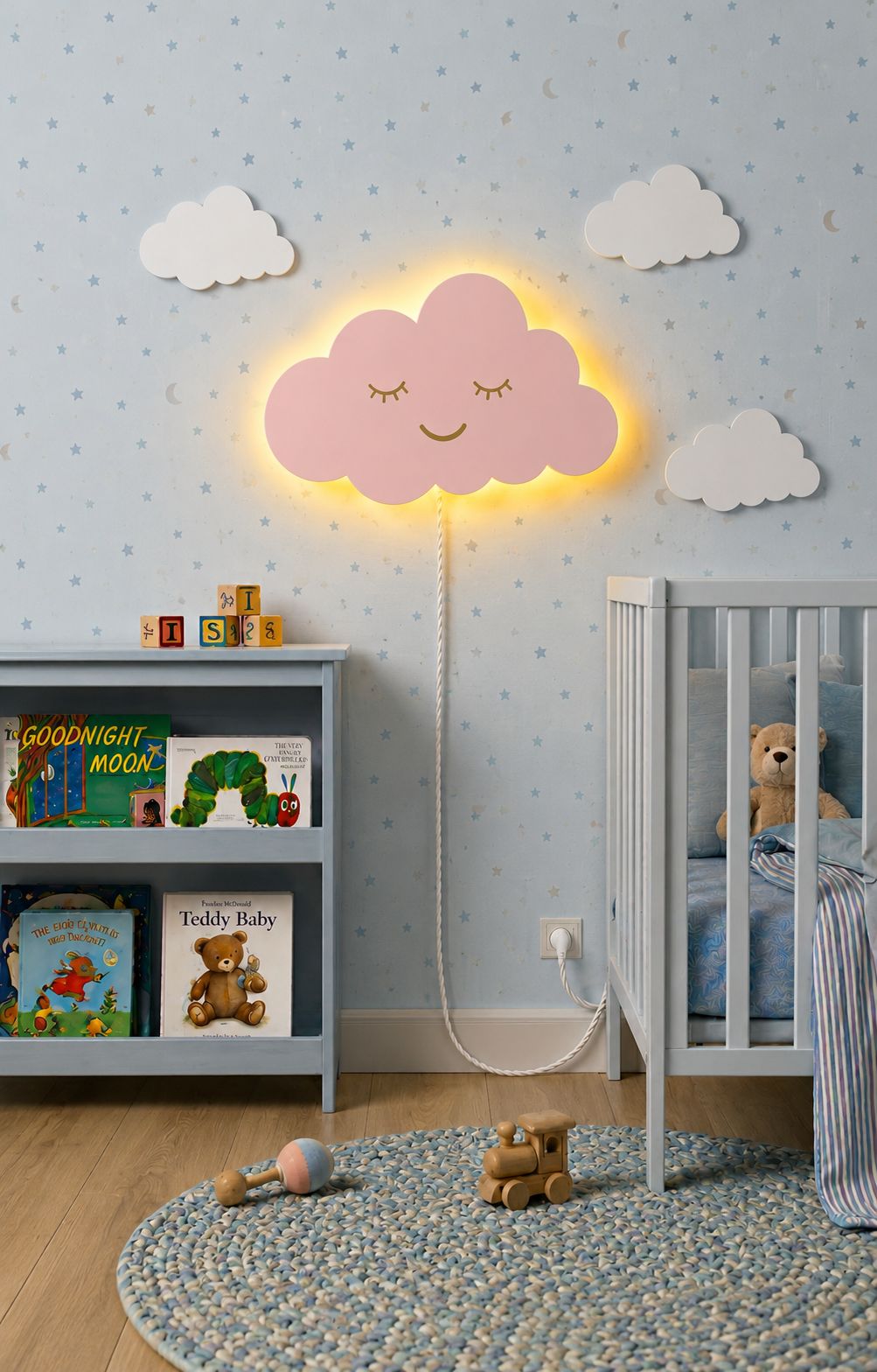 Handcrafted Smiling Cloud-Shaped Wooden Wall Lamp – Warm LED for Kids’ Room